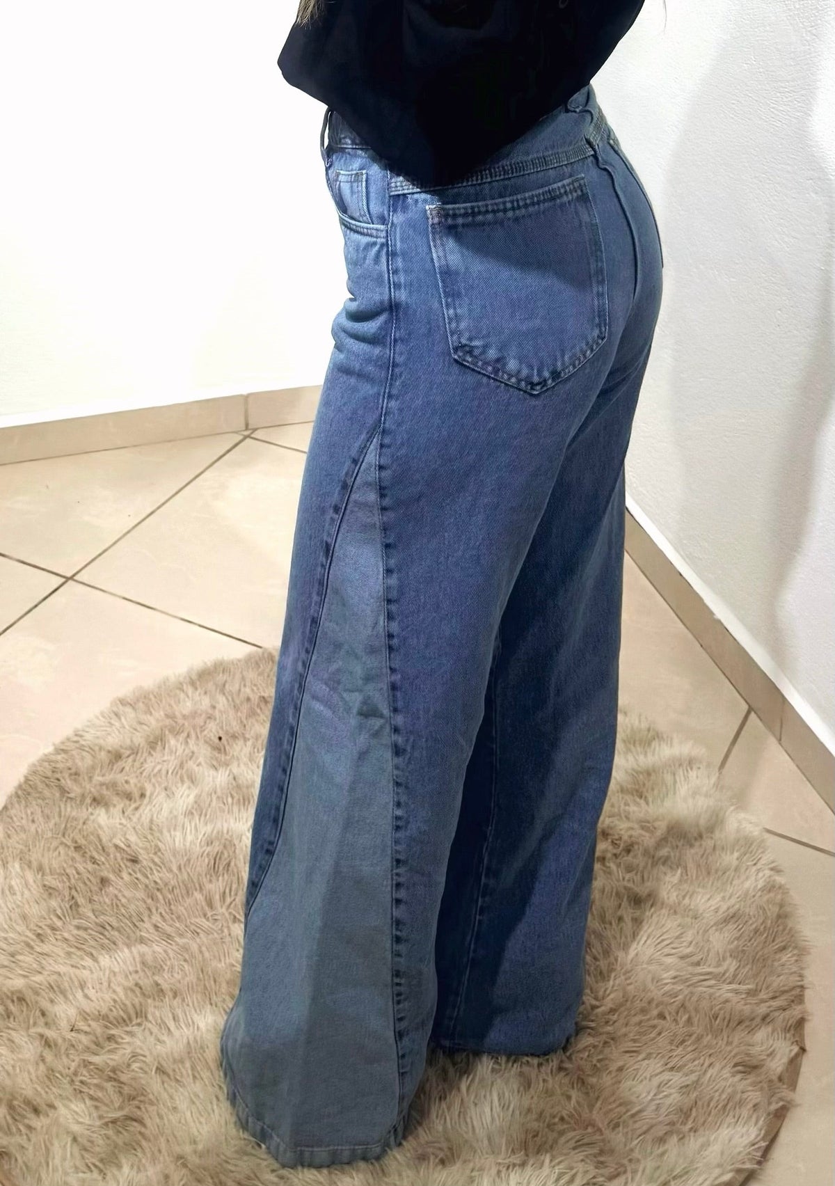 CALÇA JEANS WIDE LEG BICOLOR