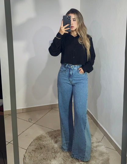 CALÇA JEANS WIDE LEG BICOLOR