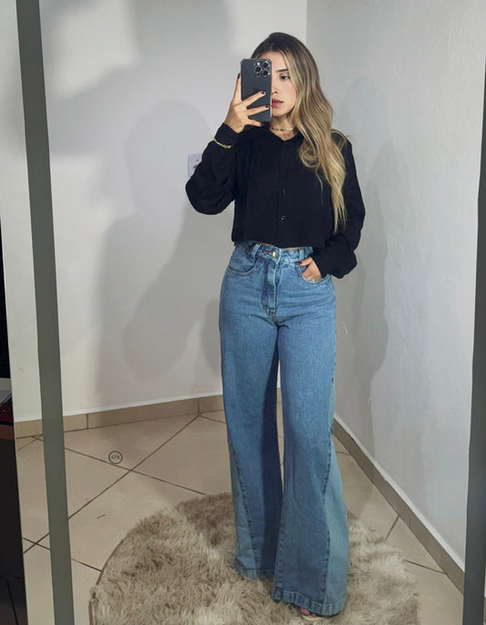 CALÇA JEANS WIDE LEG BICOLOR