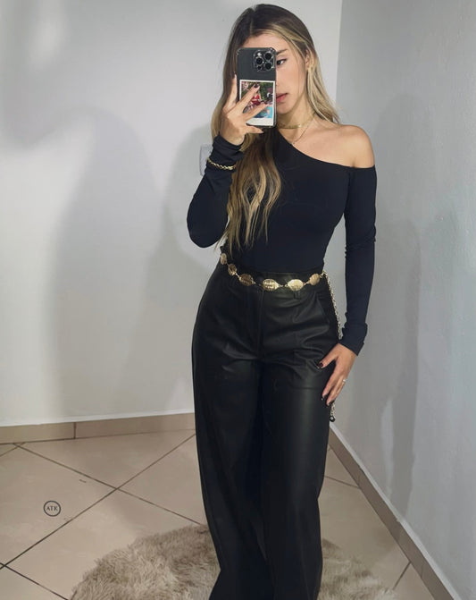 CALÇA WIDE LEG COURO FAKE