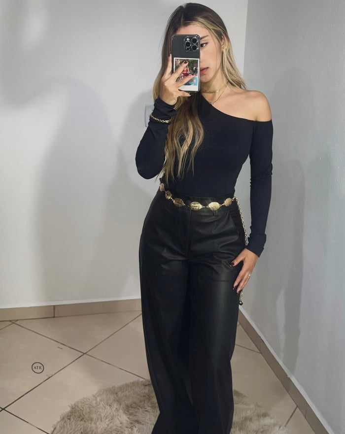 CALÇA WIDE LEG COURO FAKE